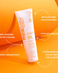 Flat lay of a Thinkbaby sunscreen tube highlighting features such as water resistance for up to 80 minutes, mineral-based ingredients, and a playful natural scent.