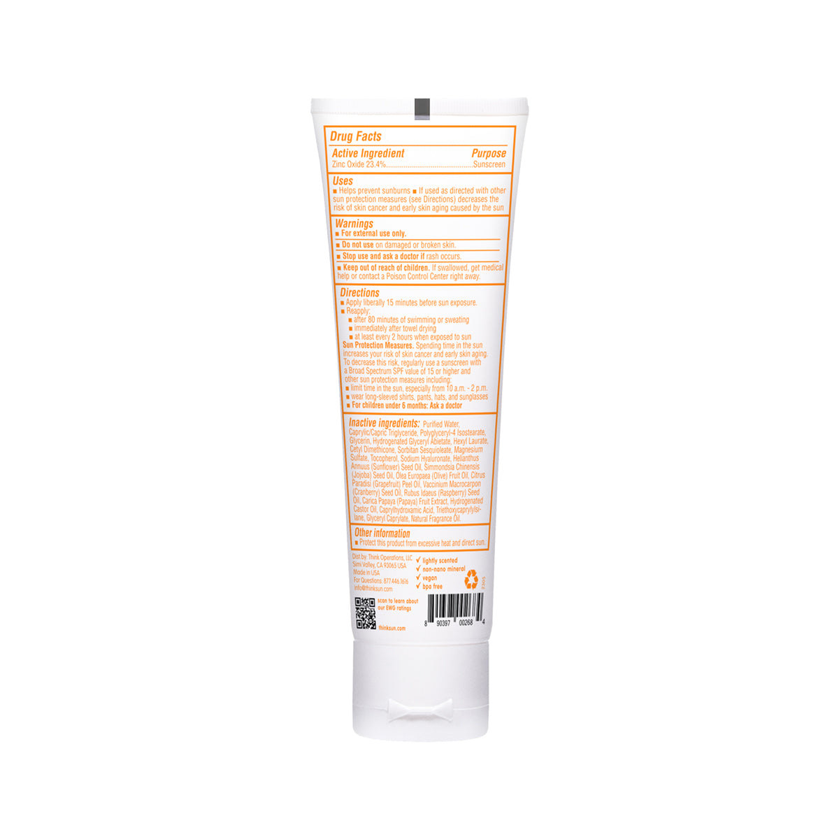 The back of a Thinkbaby sunscreen tube displaying drug facts, active ingredients, purpose, and directions for use.