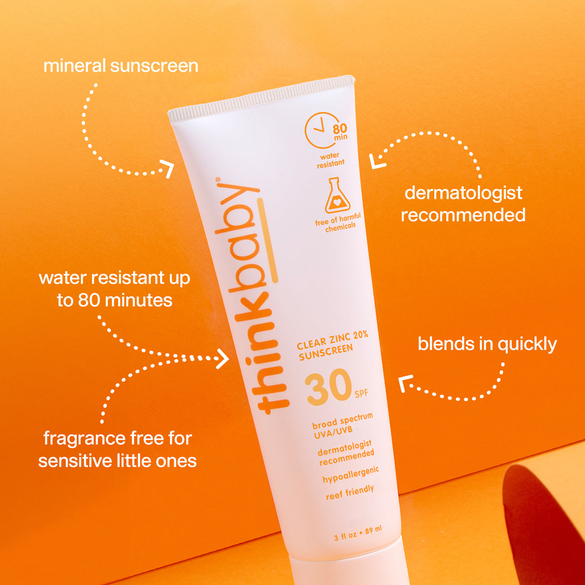ThinkBaby Clear Zinc 30 SPF Sunscreen tube with key benefits, including water resistance, mineral sunscreen, and dermatologist recommended features.