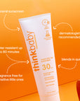 ThinkBaby Clear Zinc 30 SPF Sunscreen tube with key benefits, including water resistance, mineral sunscreen, and dermatologist recommended features.