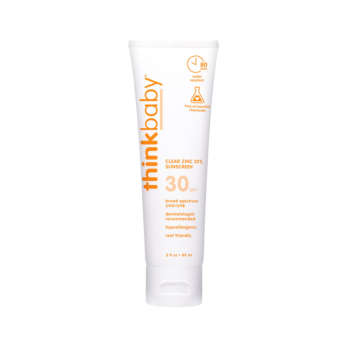 ThinkBaby Clear Zinc 30 SPF Sunscreen tube front view, highlighting its broad-spectrum UV protection, hypoallergenic, and reef-friendly formula.