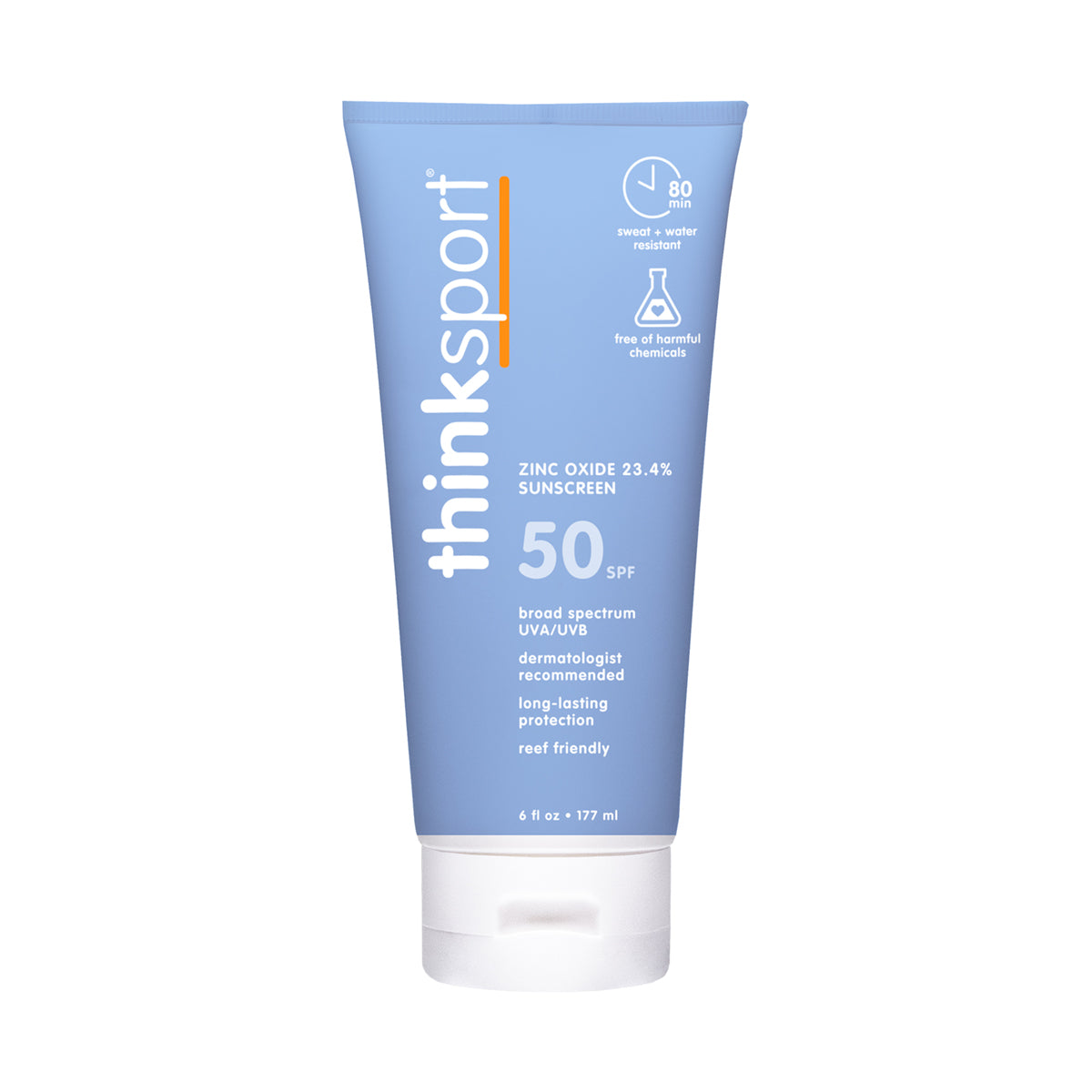 Front view of ThinkSport SPF 50 sunscreen tube with key features like broad-spectrum UVA/UVB, water resistance, and free of harmful chemicals.