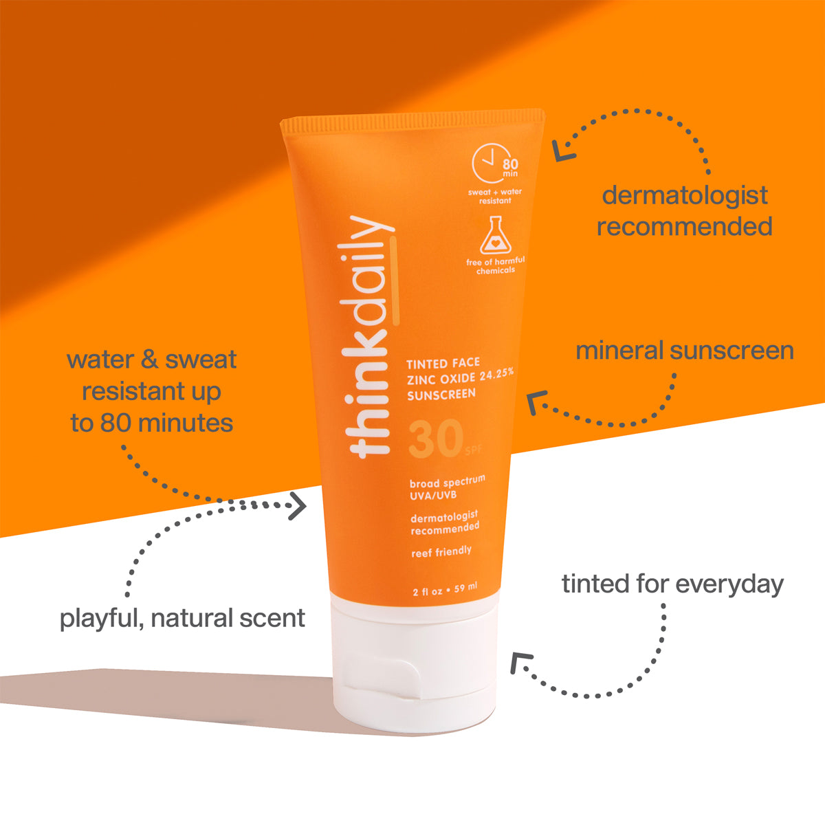 ThinkDaily Tinted Face 30 SPF Sunscreen tube with key benefits including water and sweat resistance, dermatologist recommended, and tinted for everyday use.