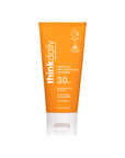 Front view of ThinkDaily Tinted Face 30 SPF Sunscreen tube, highlighting broad-spectrum UV protection, dermatologist recommended, and reef-friendly formula