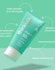 An image of Thinkkids sunscreen emphasizing water resistance, dermatologist recommended, mineral sunscreen, and a playful, natural scent against a teal background.
