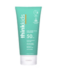 A tube of Thinkkids SPF 50 sunscreen, emphasizing its features such as broad spectrum UVA/UVB, dermatologist recommended, and reef friendly.
