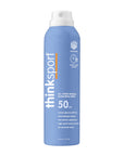 Front view of ThinkSport all sheer mineral sunscreen spray can with SPF 50, detailing its broad-spectrum UVA/UVB protection and reef-friendly formula.