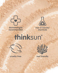 thinksun product with icons indicating dermatologist recommended, free of harmful chemicals, cruelty-free, and reef friendly on a beige background.