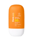 Orange sunscreen bottle with white cap on a white background