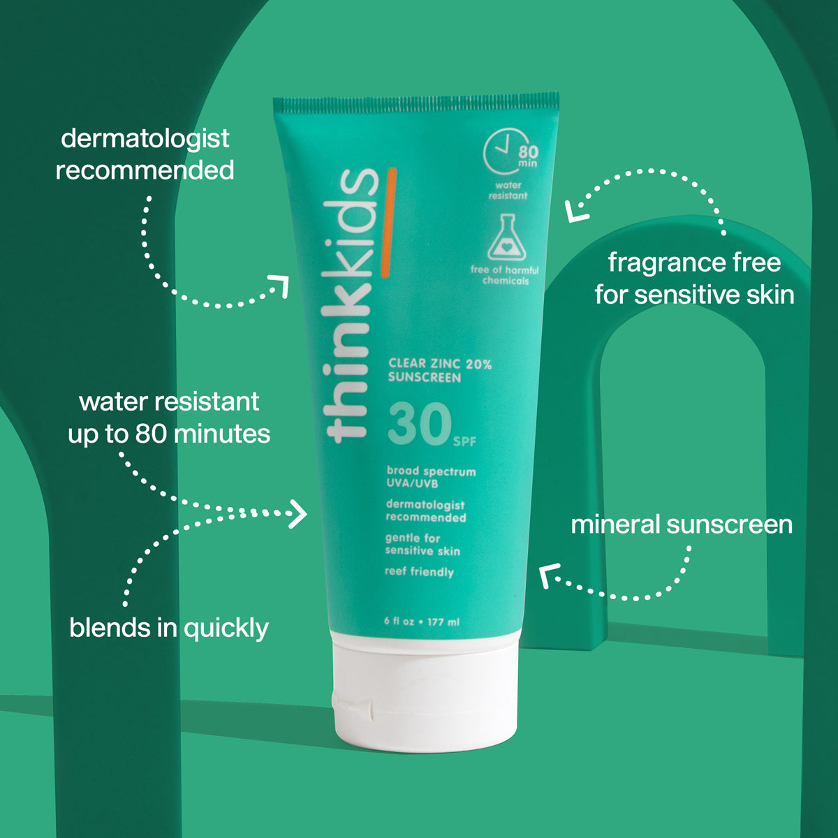 Thinksun Kids Clear Zinc Sunscreen SPF 30 tube with highlights of water resistance, fragrance-free, and mineral-based sun protection.