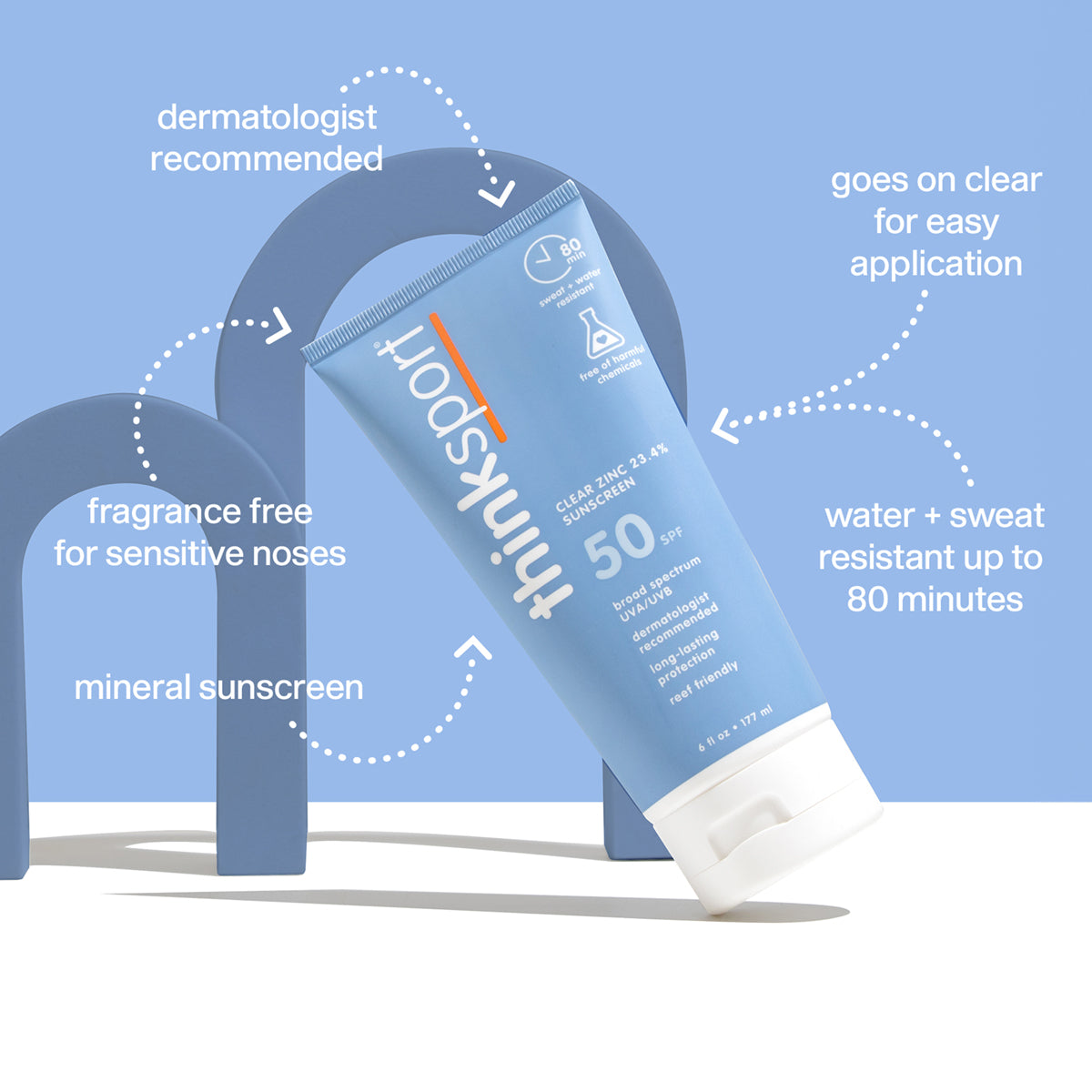 A tube of ThinkSport SPF 50 clear zinc sunscreen presented against a monochrome backdrop with circular design elements. The image highlights key product features such as being dermatologist recommended, mineral-based, fragrance-free for sensitive noses, water and sweat-resistant for up to 80 minutes, and the formula's clear application for easy use.