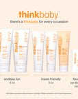 Thinkbaby sunscreen range including 6‑oz, 3‑oz, and travel‑size mineral sunscreen options with SPF 30 and SPF 50