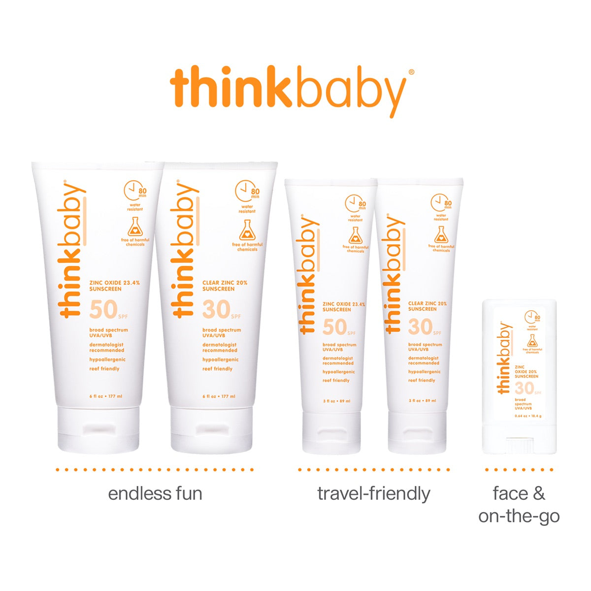 A variety of Thinkbaby sunscreen tubes for sensitive skin with different SPF levels, advertised as ideal for endless fun and travel-friendly for on-the-go protection.