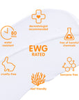 Close-up of a sunscreen texture showing icons for water resistance, cruelty-free, and reef-friendly certifications, alongside EWG rating and free from harmful chemicals claim.