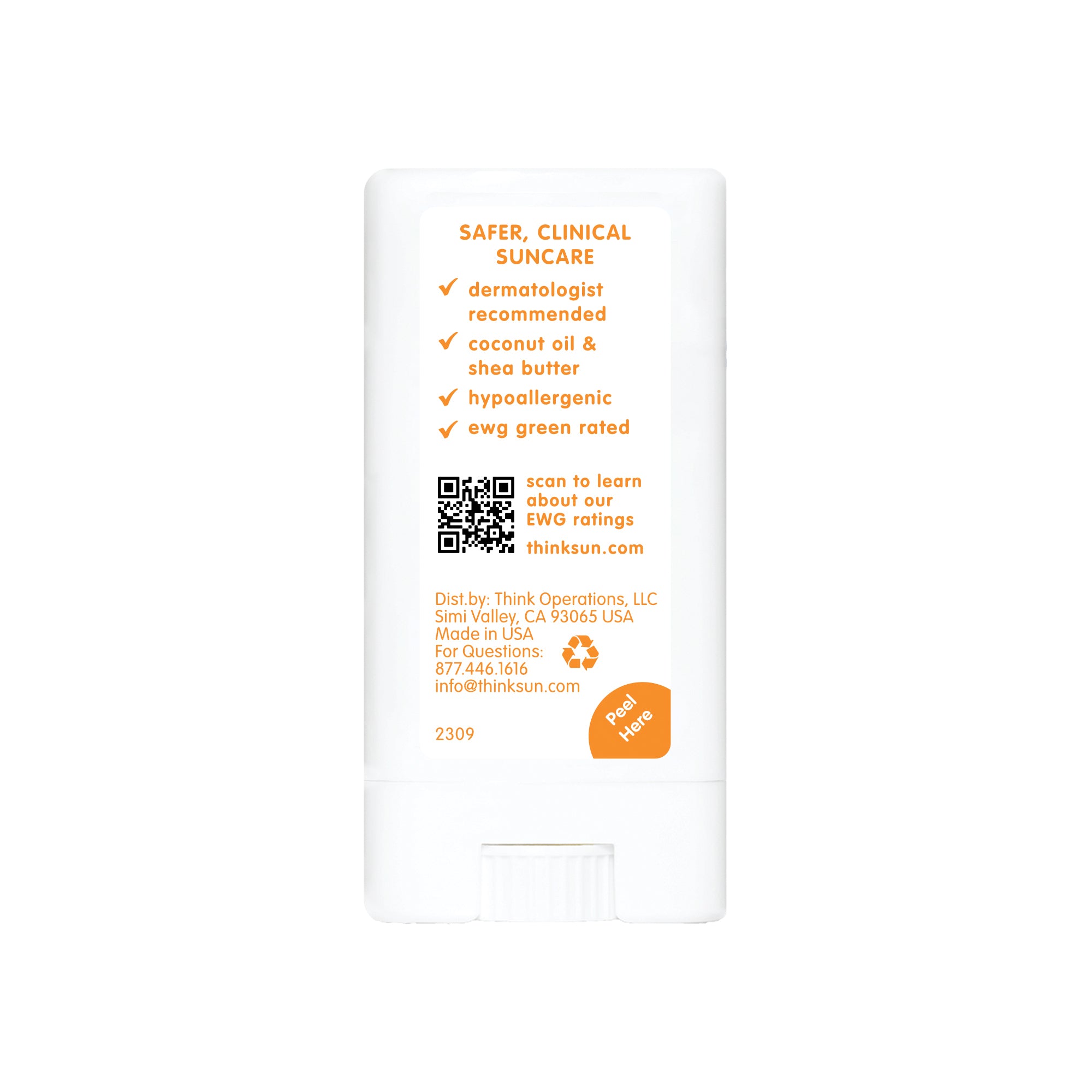 Back view of Thinkbaby sunscreen stick highlighting clinical suncare benefits, including dermatologist recommendation and EWG rating, with a QR code for additional information.