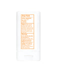 Close-up on the back of Thinkbaby sunscreen stick packaging detailing active ingredient, purpose as a sunscreen, uses, and warnings.