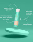 Thinkfuls sunscreen stick on a green background with text highlighting features