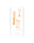 Thinkbaby sunscreen stick with SPF 30, highlighting zinc oxide content and water resistance up to 80 minutes, free of harmful chemicals.