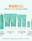 thinkkids sunscreen products with various sizes and forms on a white background