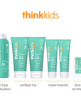An array of Thinkkids sunscreen products including sprays and lotions with varying SPF levels, tagged with 'no fuss application,' 'endless fun,' 'travel-friendly,' and 'face & on-the-go'.