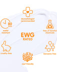 Close-up of a sunscreen texture showing icons for water resistance, cruelty-free, and reef-friendly certifications, alongside EWG rating and free from harmful chemicals claim.