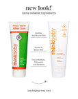 Old and new packaging designs for Thinkbaby Aloe Vera After Sun Gel, the left showing the original green and white tube and the right featuring the new white and orange design, both emphasizing the natural, soothing ingredients and commitment to being free of harmful chemicals.