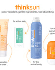 A range Thinksun suncare products displayed against a white background, highlighting water resistance and gentle formula suitable for family, kids, and new daily use.
