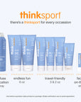 Thinksport mineral sunscreen collection displayed in various sizes including spray, tubes, and stick formats with SPF 30 and SPF 50 options