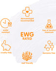 Close-up of a sunscreen texture showing icons for water resistance, cruelty-free, and reef-friendly certifications, alongside EWG rating and free from harmful chemicals claim.