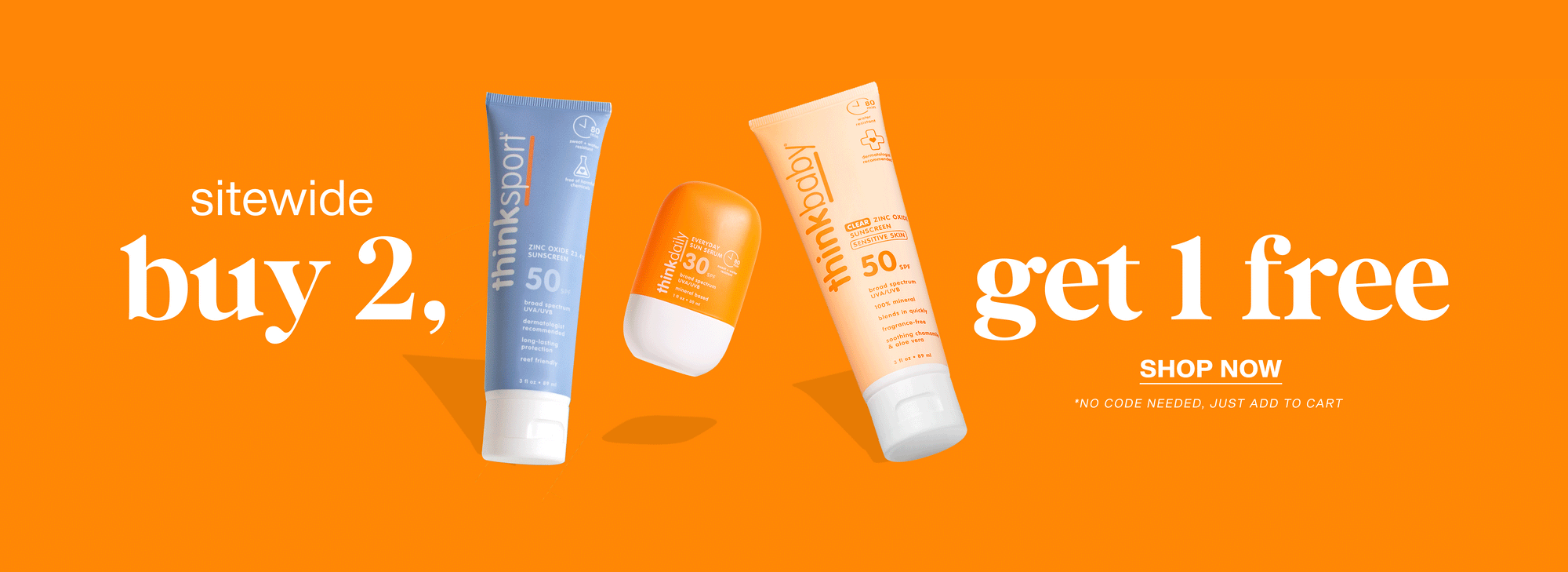 Bright orange promotional banner featuring SPF 50 sunscreen products with the headline ‘Sitewide Buy 2, Get 1 Free’ and a call‑to‑action button reading ‘Shop Now