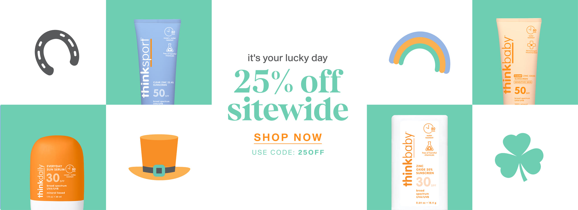 Promotional banner for ThinkBaby with sunscreen products and a 25% off sitewide discount.