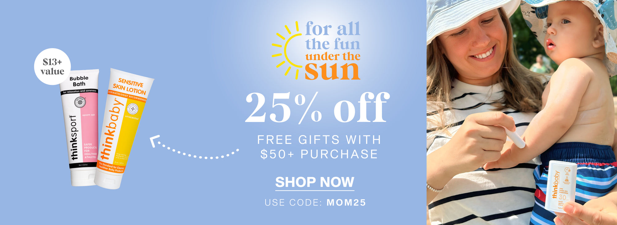 Promotional banner for ThinkBaby products with a mother and child outdoors, featuring a 25% off discount offer.