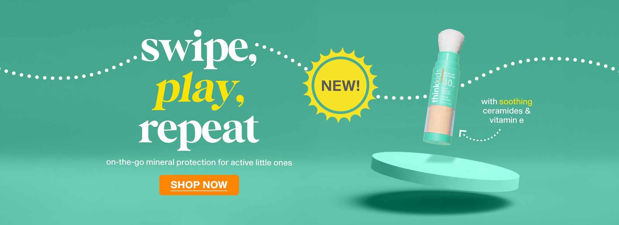 Promotional graphic for a product with text 'swipe, play, repeat' on a teal background