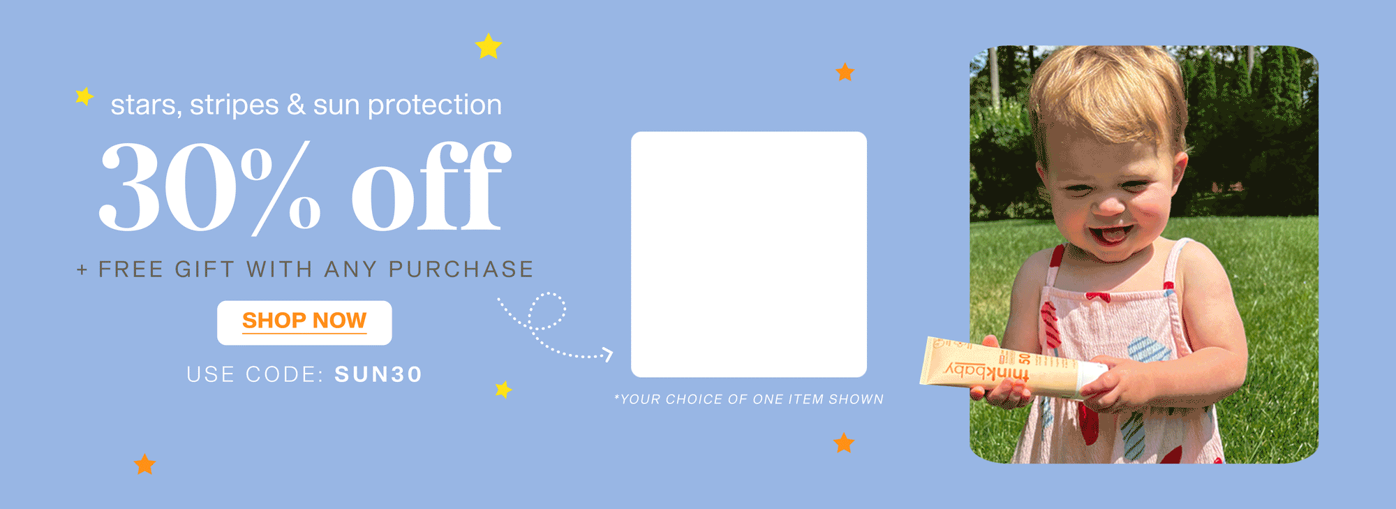 30% off mineral SPF ☀️ + free gift 🎁 with every purchase. Use SUN30