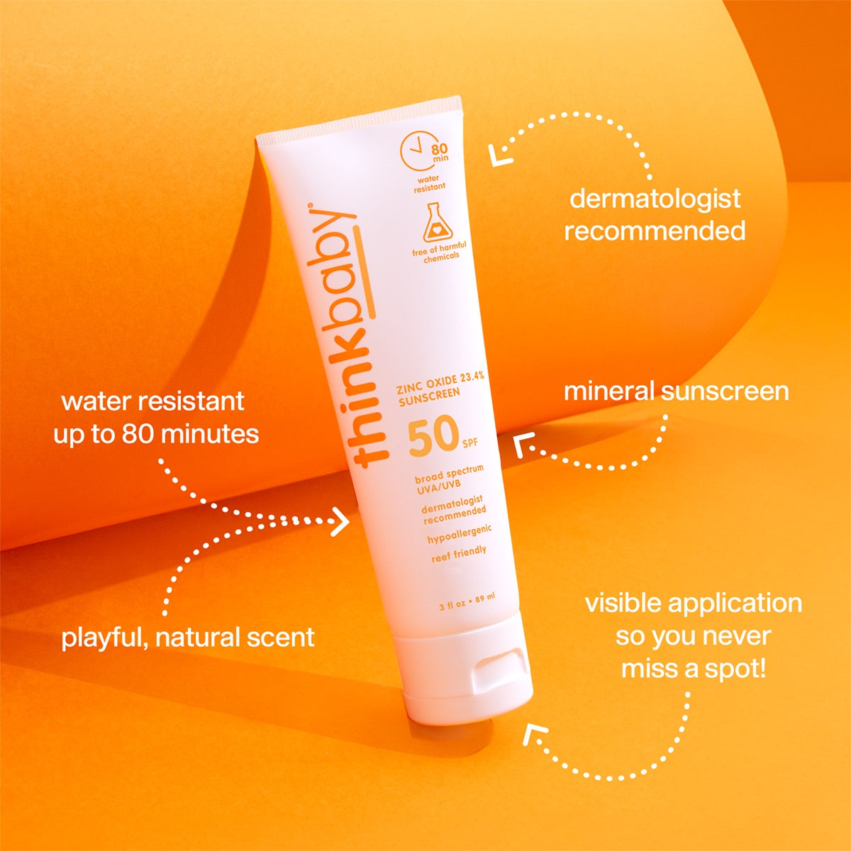 Flat lay of a Thinkbaby sunscreen tube highlighting features such as water resistance for up to 80 minutes, mineral-based ingredients, and a playful natural scent.