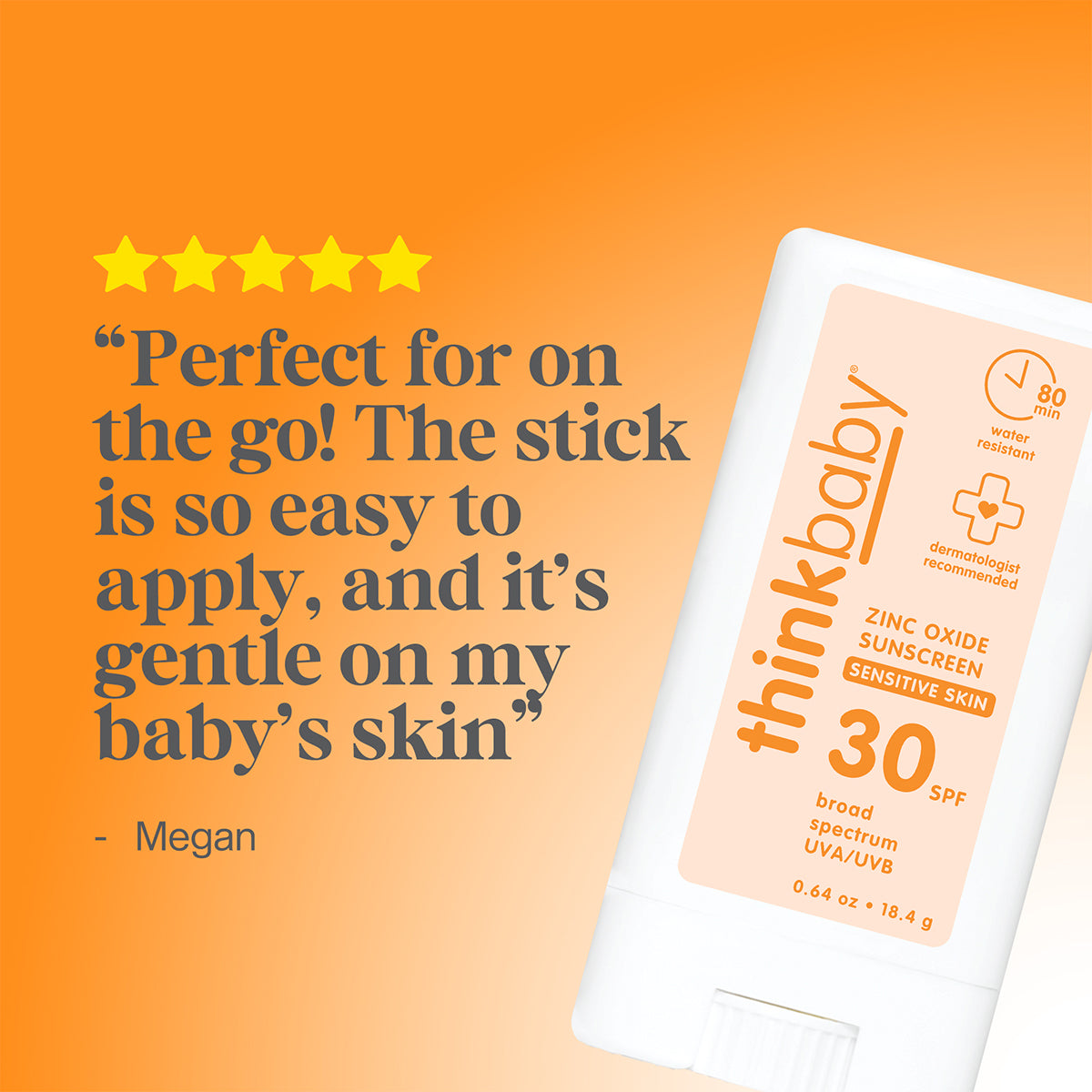 Thinkbaby sunscreen stick with positive customer review on an orange background