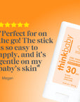Thinkbaby sunscreen stick with positive customer review on an orange background