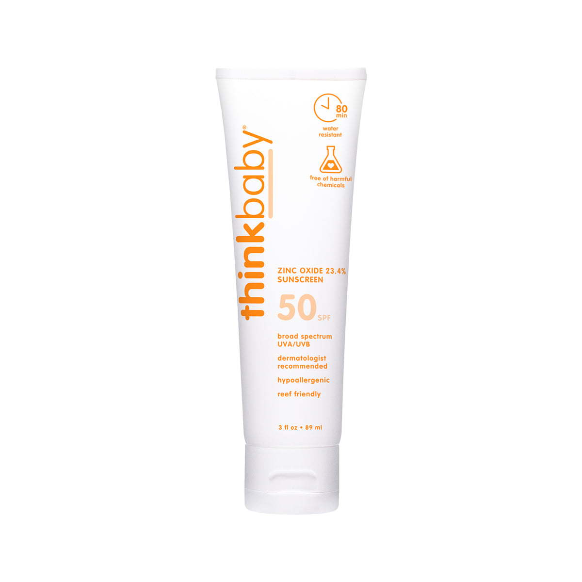 A single Thinkbaby sunscreen tube with broad-spectrum SPF 50, dermatologist recommended, hypoallergenic, and reef-friendly, against a plain white background.