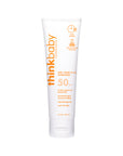 A single Thinkbaby sunscreen tube with broad-spectrum SPF 50, dermatologist recommended, hypoallergenic, and reef-friendly, against a plain white background.