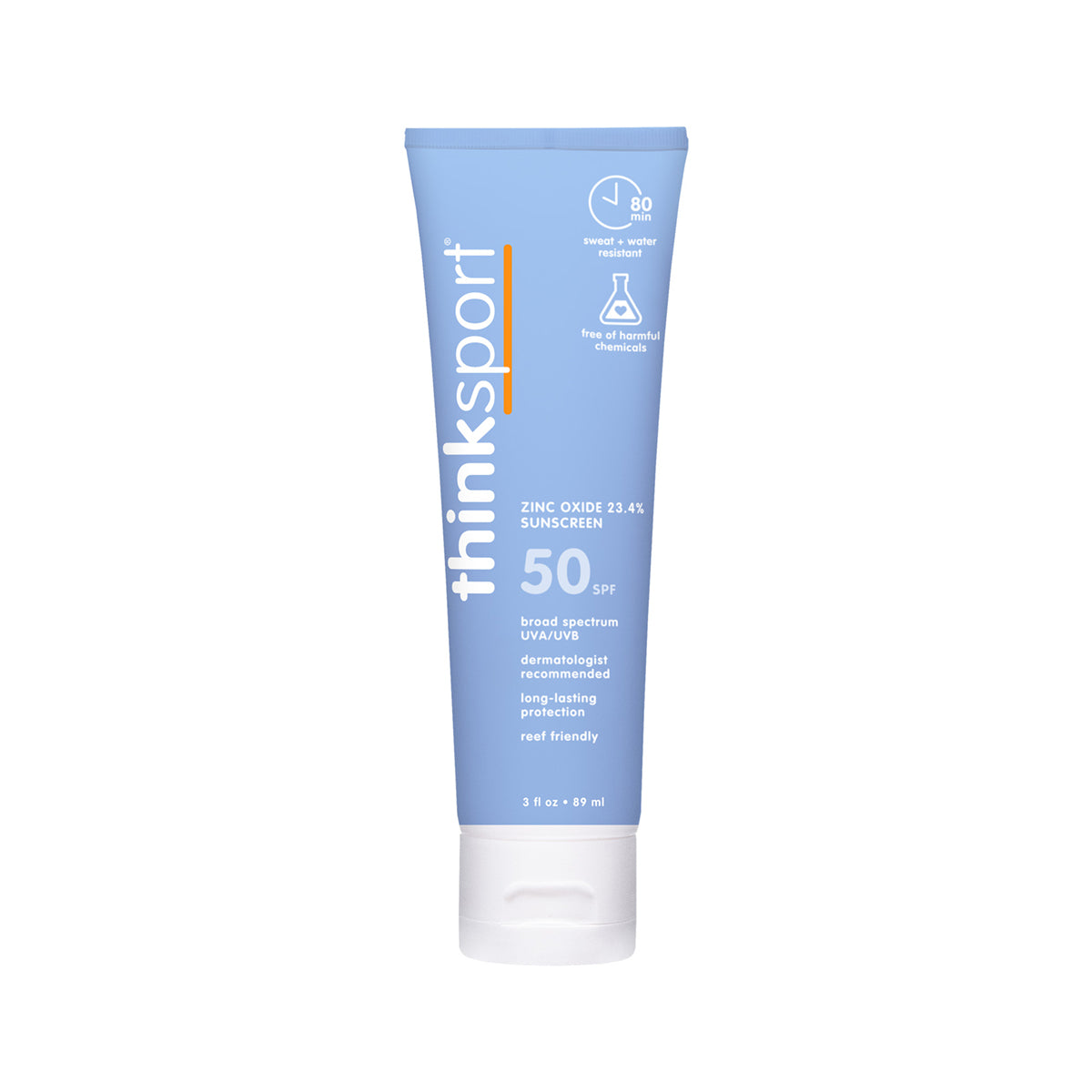 Tube of ThinkSport SPF 50 sunscreen featuring its zinc oxide formula, broad spectrum UVA/UVB protection, and suitability for a range of activities