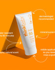 Thinkbaby sunscreen tube with SPF 50 against an orange background with highlights of key benefits: water resistance up to 80 minutes, dermatologist recommended, mineral sunscreen, playful natural scent, and visible application