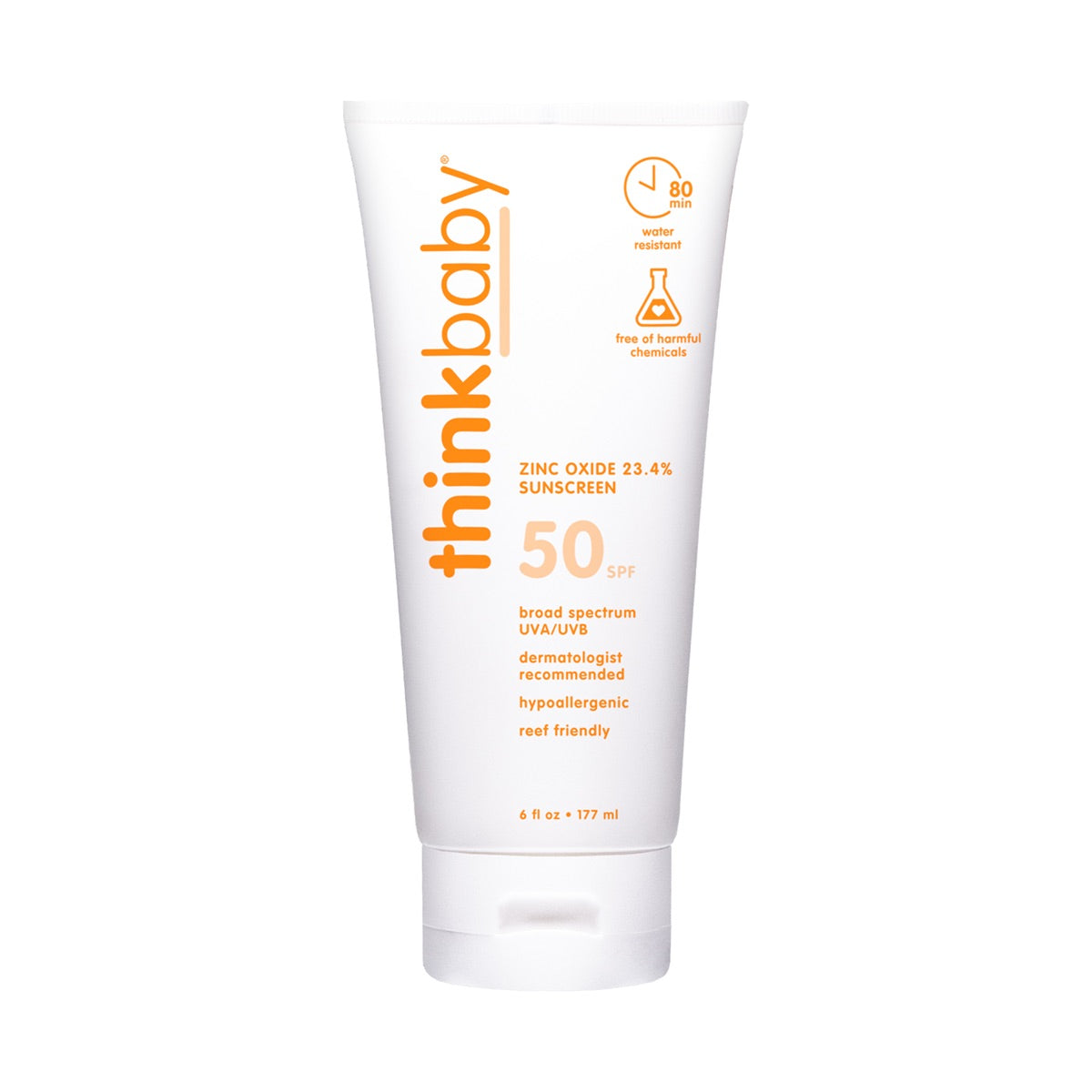 A single Thinkbaby Safe Sunscreen SPF 50+ (6oz) - Family Size   tube with broad-spectrum SPF 50, dermatologist recommended, hypoallergenic, and reef-friendly, against a plain white background.