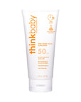 A single Thinkbaby Safe Sunscreen SPF 50+ (6oz) - Family Size   tube with broad-spectrum SPF 50, dermatologist recommended, hypoallergenic, and reef-friendly, against a plain white background.