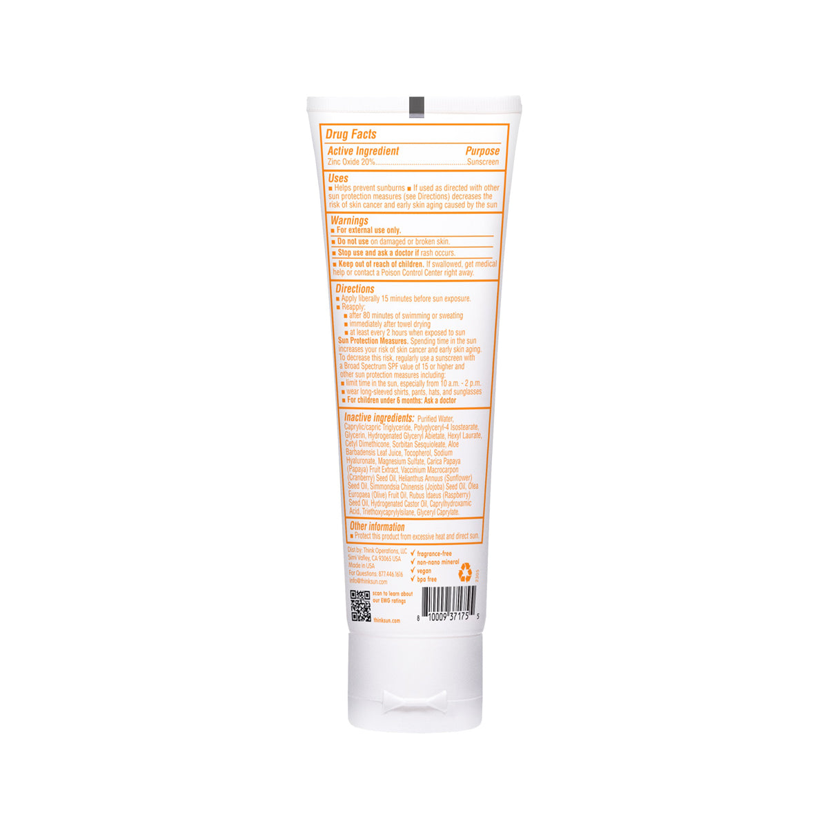 Back view of ThinkBaby Clear Zinc 30 SPF Sunscreen tube, showing detailed product information, usage directions, and ingredients.