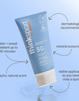 Image of a ThinkSport SPF 50 sunscreen tube with visual annotations for water and sweat resistance, dermatologist recommended, mineral sunscreen, and playful natural scent.