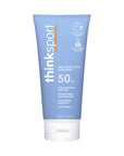 Front view of ThinkSport SPF 50 sunscreen tube with key features like broad-spectrum UVA/UVB, water resistance, and free of harmful chemicals.