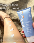 Leg with multiple dollops of ThinkSport SPF 50 sunscreen on it, with a tube of the product beside, and text overlay that reads '97% agree feels gentle on the skin.'