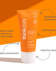 ThinkDaily Tinted Face 30 SPF Sunscreen tube with key benefits including water and sweat resistance, dermatologist recommended, and tinted for everyday use.