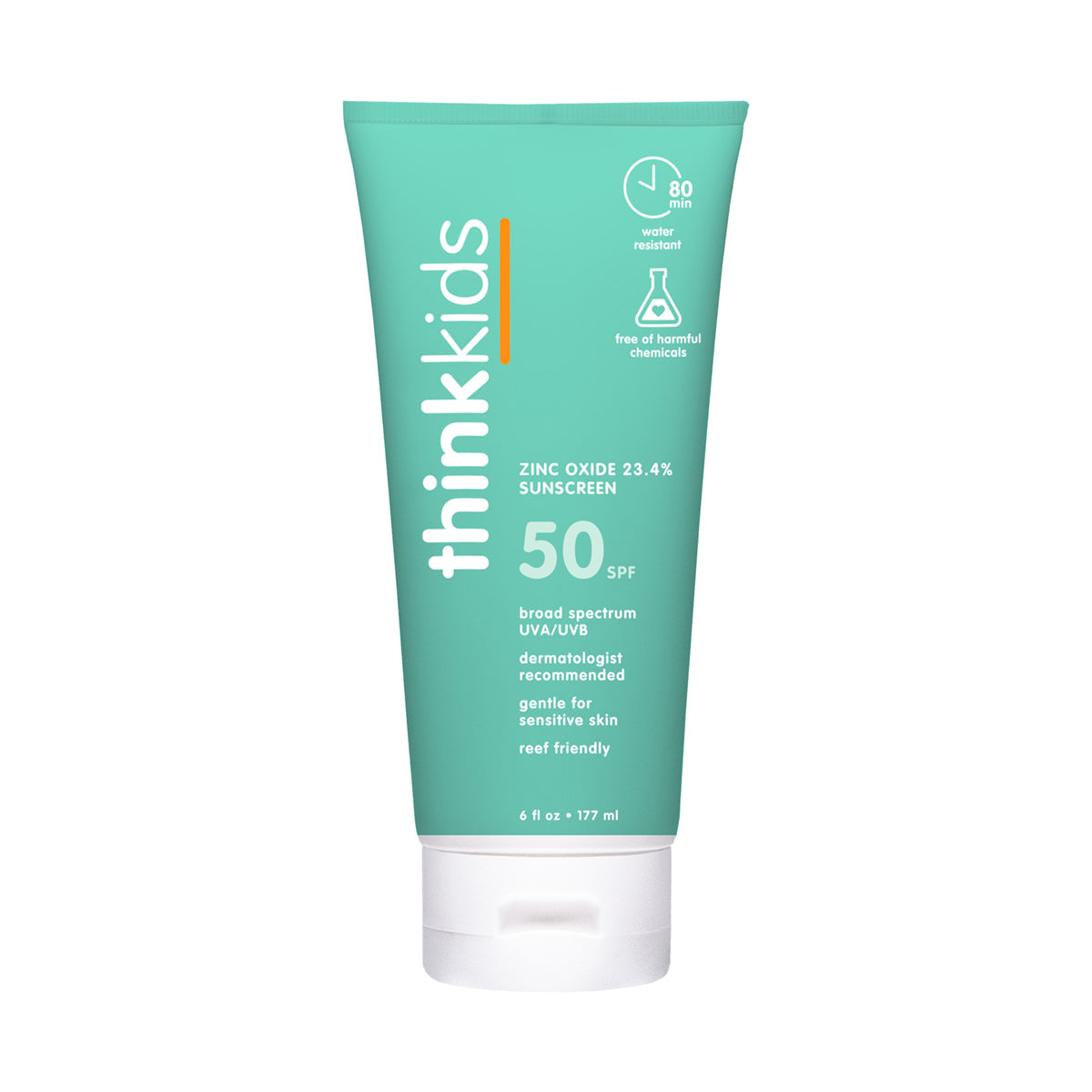 A tube of Thinkkids SPF 50 sunscreen, emphasizing its features such as broad spectrum UVA/UVB, dermatologist recommended, and reef friendly.