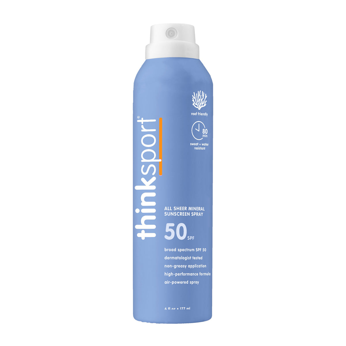 Front view of ThinkSport all sheer mineral sunscreen spray can with SPF 50, detailing its broad-spectrum UVA/UVB protection and reef-friendly formula.